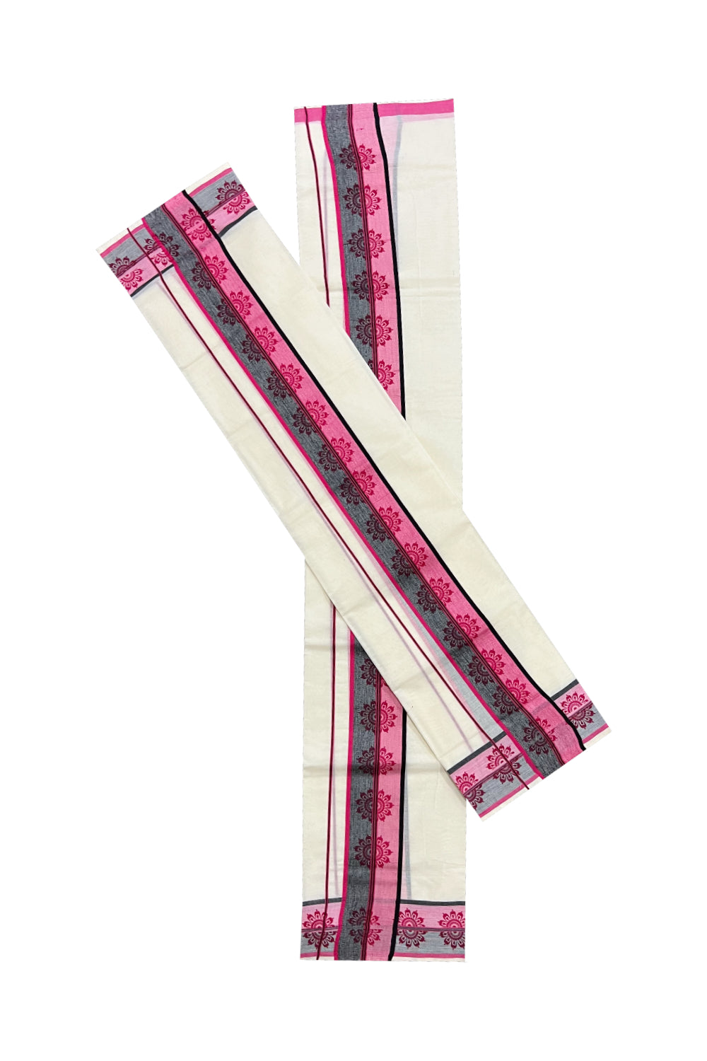 Kerala Cotton Set Mundu (Mundum Neriyathum) with Floral Block Prints on Pink and Black Border