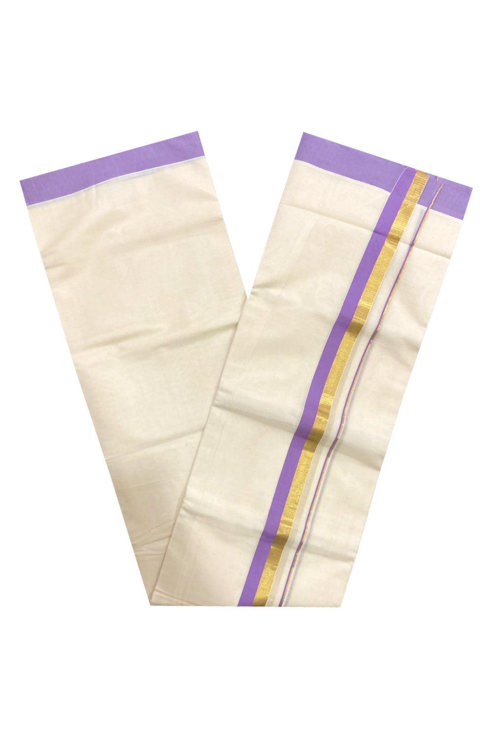 Pure Cotton Double Mundu with Violet and Kasavu Border (South Indian Dhoti)