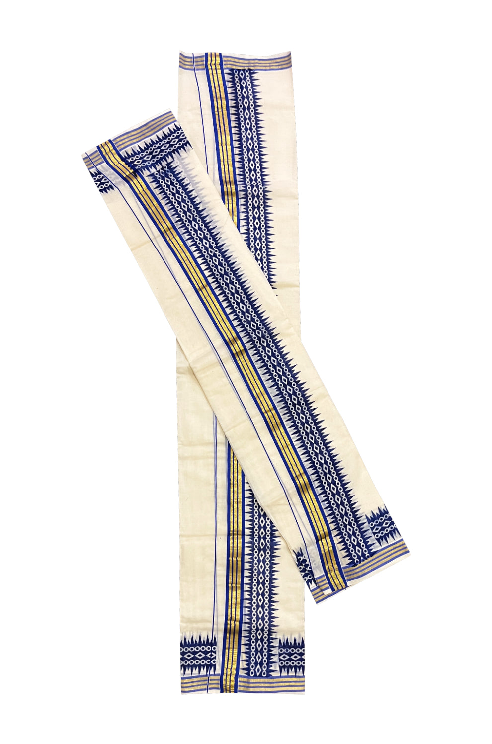 Pure Cotton Kasavu Single Set Mundu (Mundum Neriyathum Vishu 2023) with Blue Temple Block Prints on Border