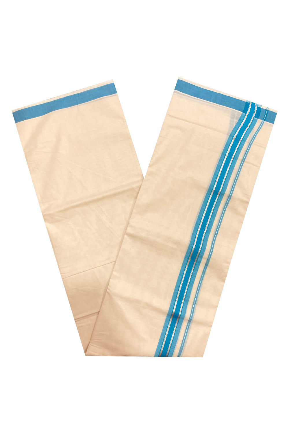 Off White Kerala Double Mundu with Silver Kasavu and Blue Border (South Indian Dhoti)