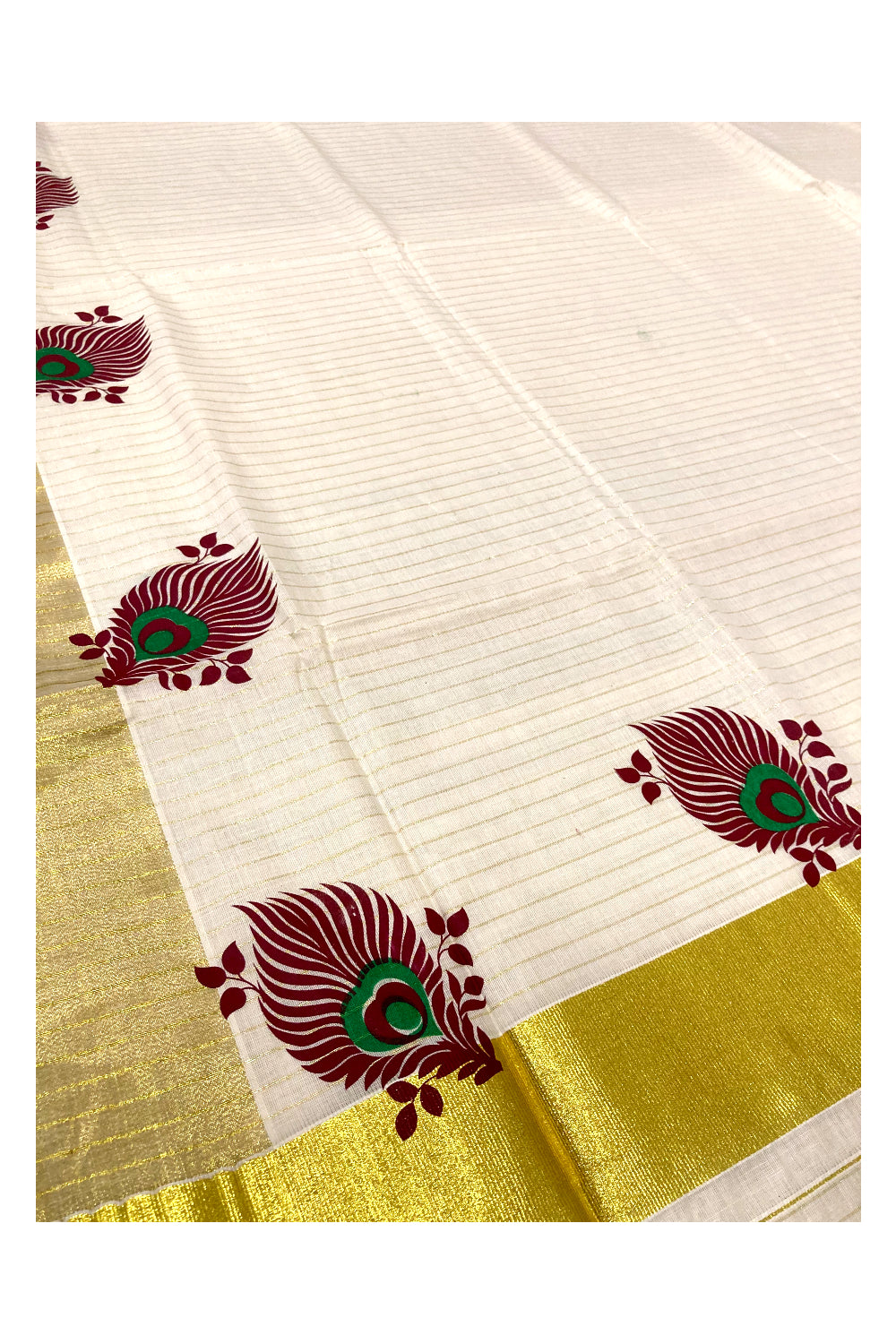 Pure Cotton Kerala Kasavu Lines Saree with Maroon and Green Block Prints on Border