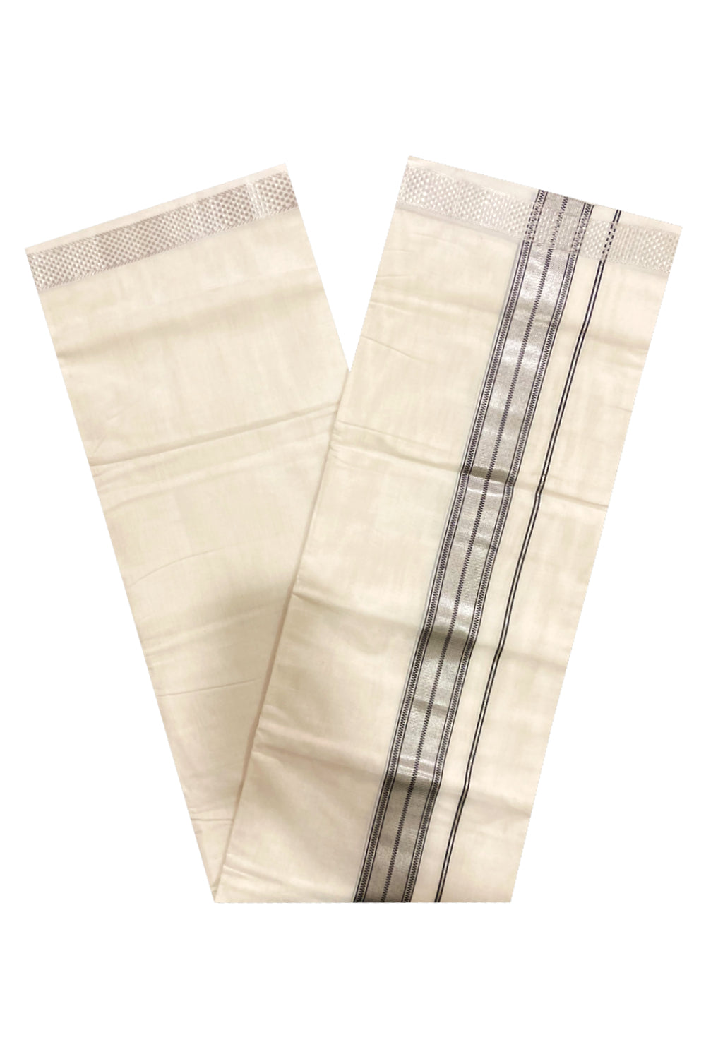 Southloom Premium Handloom Pure Cotton Mundu with Black and Silver Kasavu Border (South Indian Dhoti)