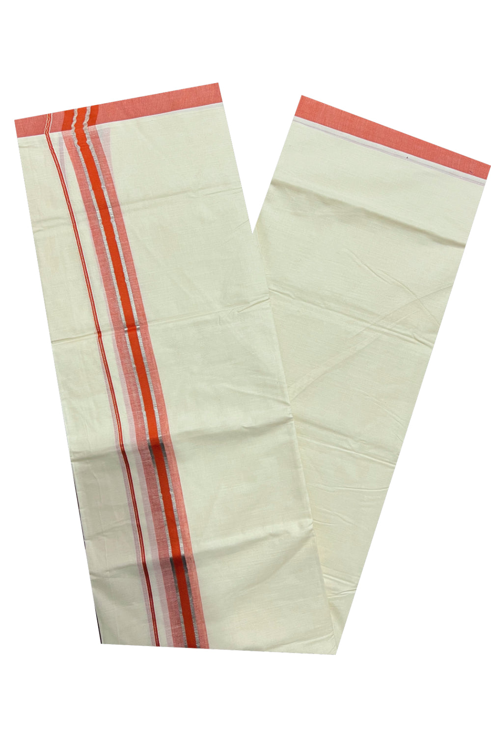 Pure Cotton Off White Double Mundu with Silver Kasavu and Orange Border (South Indian Kerala Dhoti)