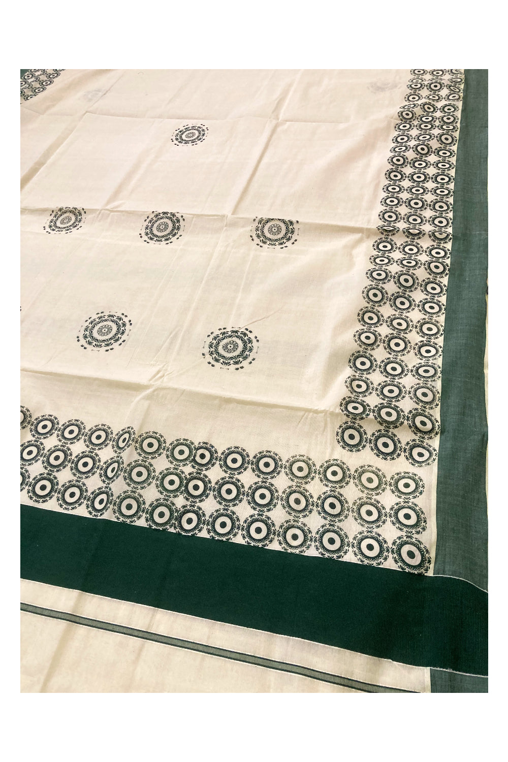 Pure Cotton Kerala Saree with Green Block Prints on Border and Pallu