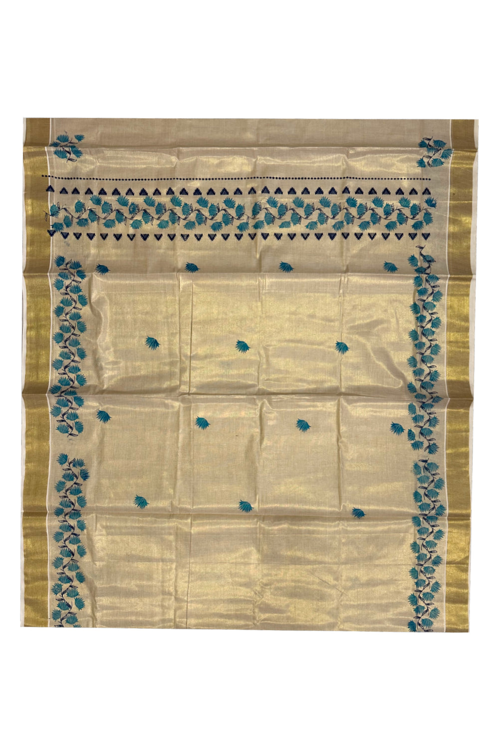 Kerala Tissue Kasavu Saree with Blue Floral Block Printed Design Border