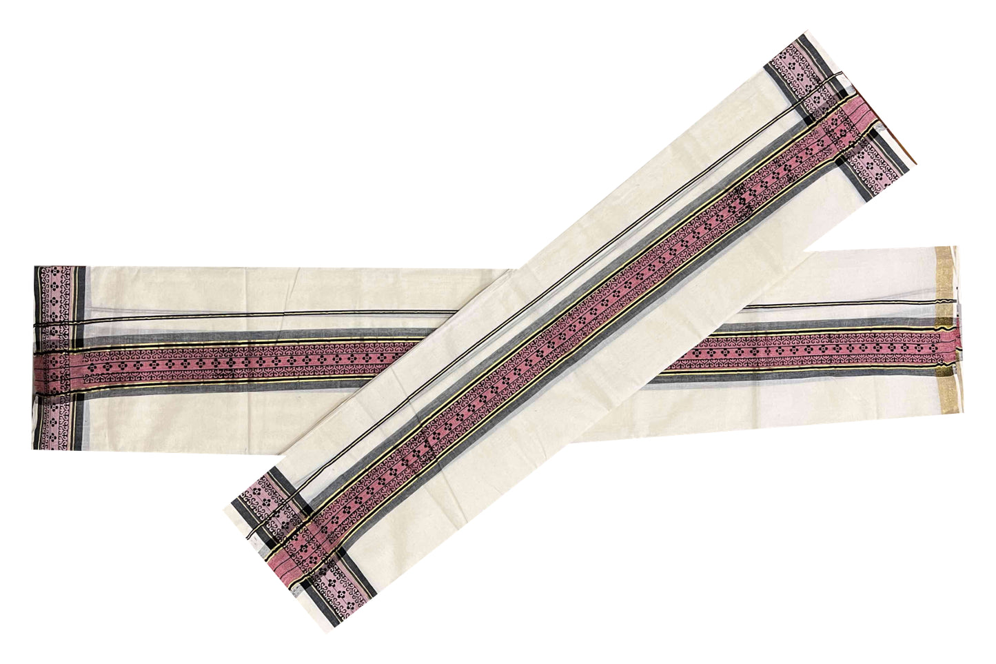 Kerala Cotton Set Mundu (Mundum Neriyathum) with Kasavu Red and Black Block Print Border