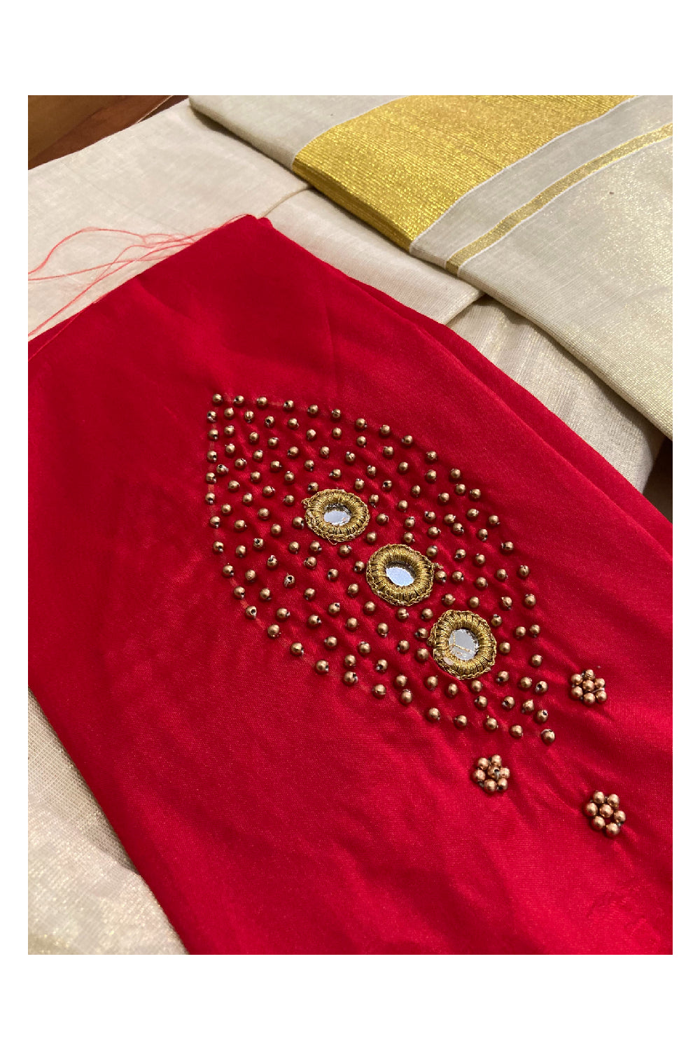 Kerala Tissue Stitched Dhavani Set with Blouse Piece and Neriyathu in with Red Accents