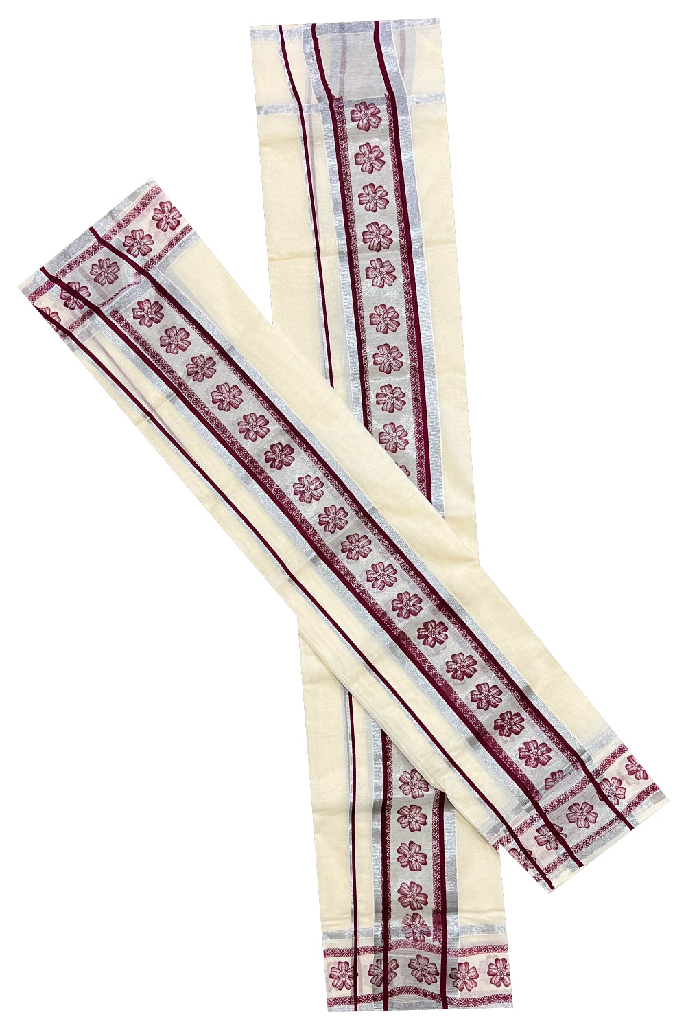 Cotton Silver Kasavu Set Mundu (Mundum Neriyathum) with Maroon Floral Block Prints on Border