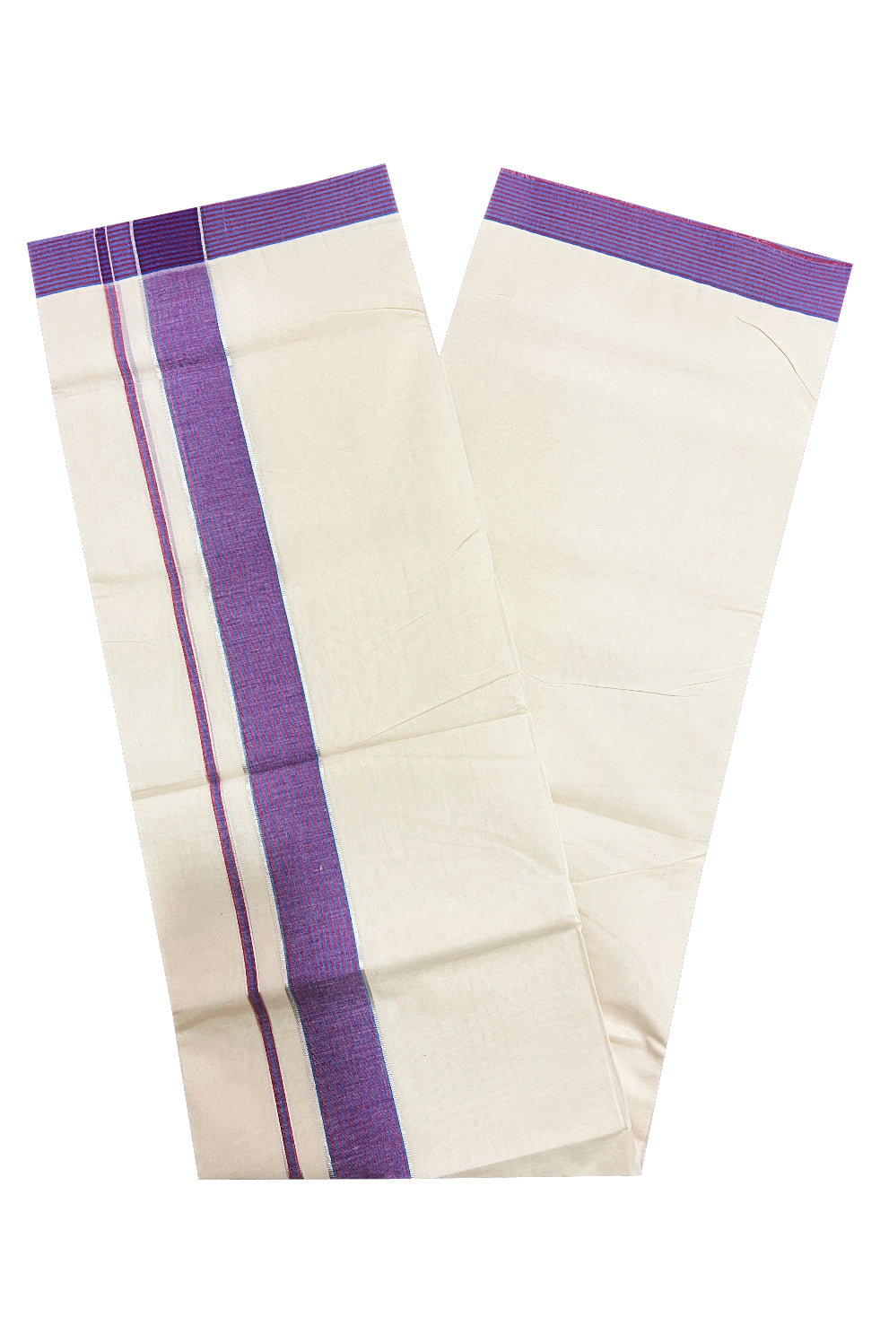 Pure Cotton Off White 100x100 Double Mundu with Silver Kasavu and Blue Red Lines Border (South Indian Dhoti)