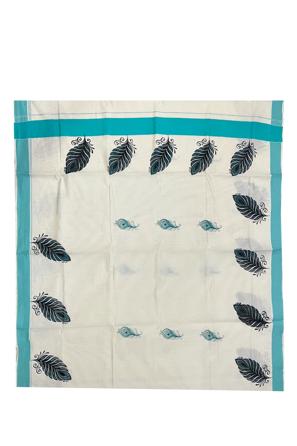 Pure Cotton Kerala Saree with Feather Block Printed Design and Turquoise Border