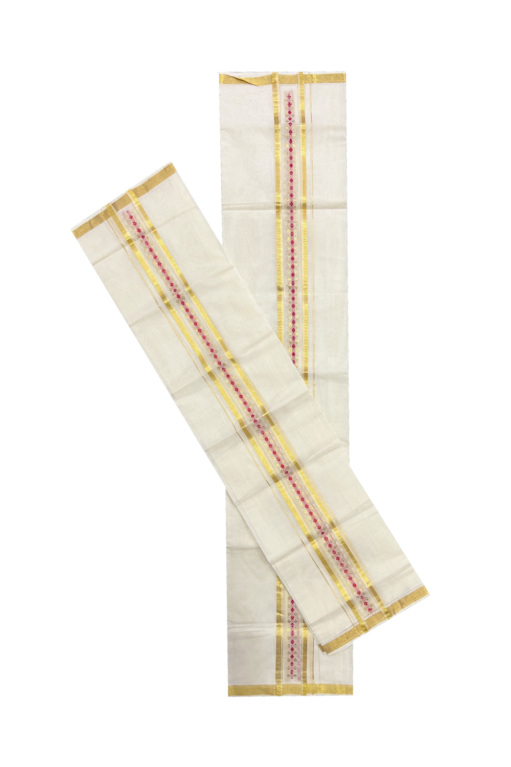 Southloom Handloom Premium Cotton Set Mundu with Kasavu Woven Work on Border (Rose Woven Dots)