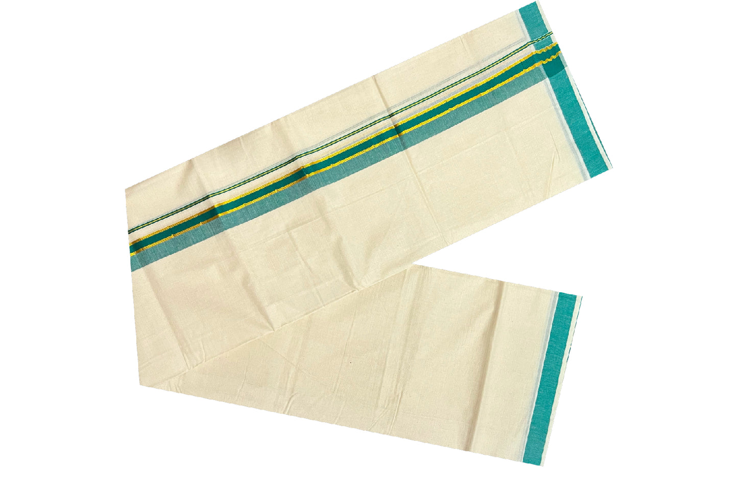 Off White Pure Cotton Double Mundu with Kasavu and Green Kara (South Indian Dhoti)