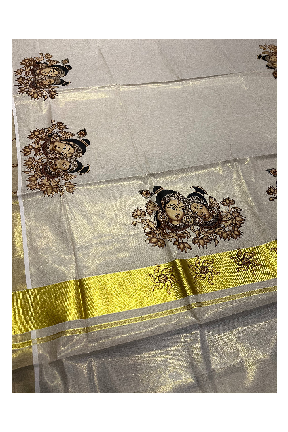 Kerala Tissue Kasavu Saree With Mural Krishna Radha Face Design and Printed Border