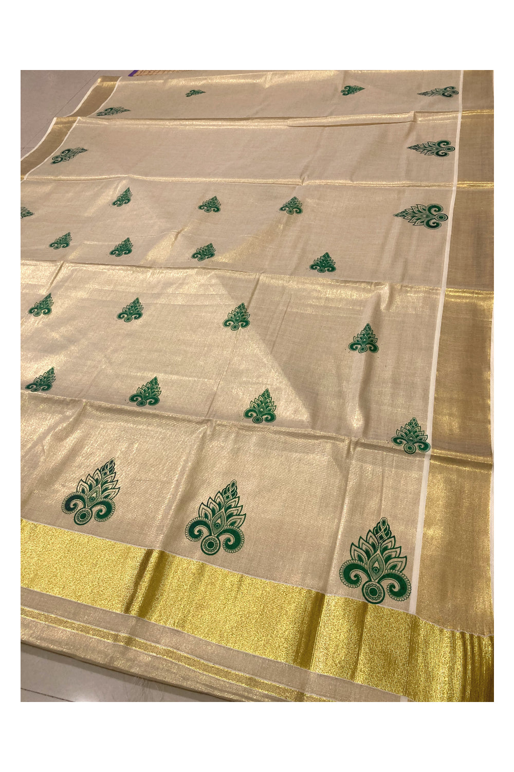 Kerala Tissue Kasavu Saree with Green Block Printed Design