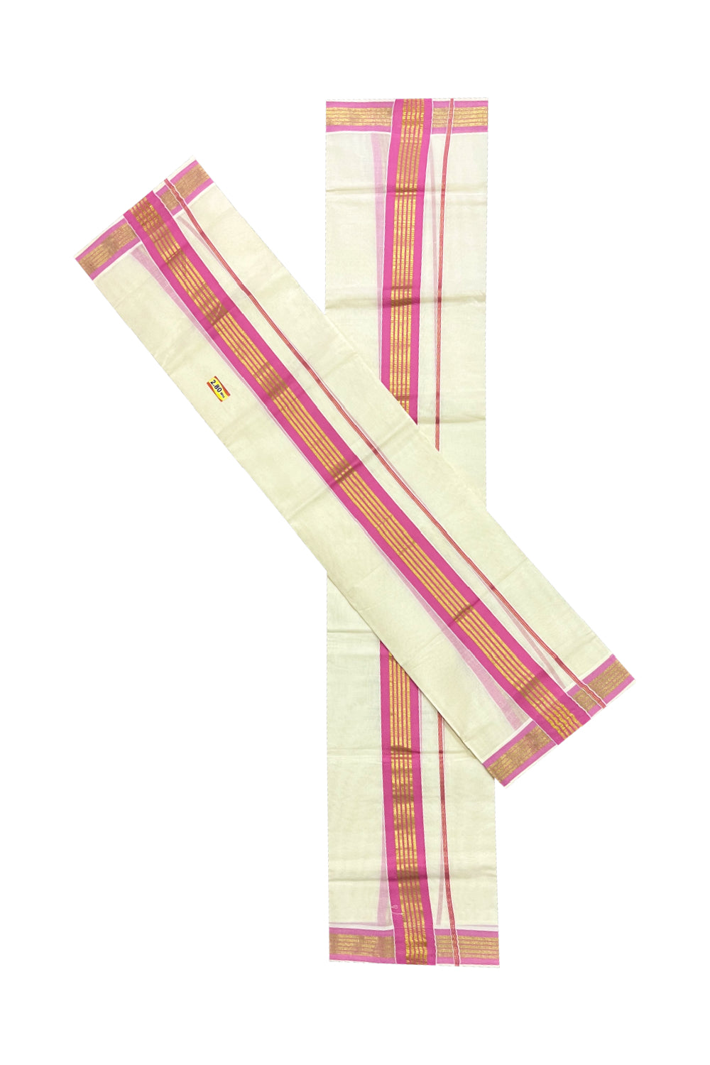 Pure Cotton Kerala Single Set Mundu (Mundum Neriyathum) with Pink and Kasavu Border 2.80 Mtrs