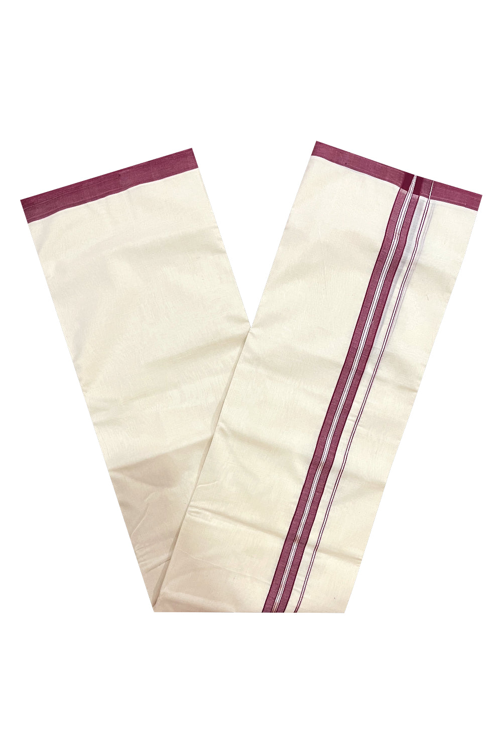 Southloom Premium Handloom Double Mundu with Maroon and Silver Kasavu Border