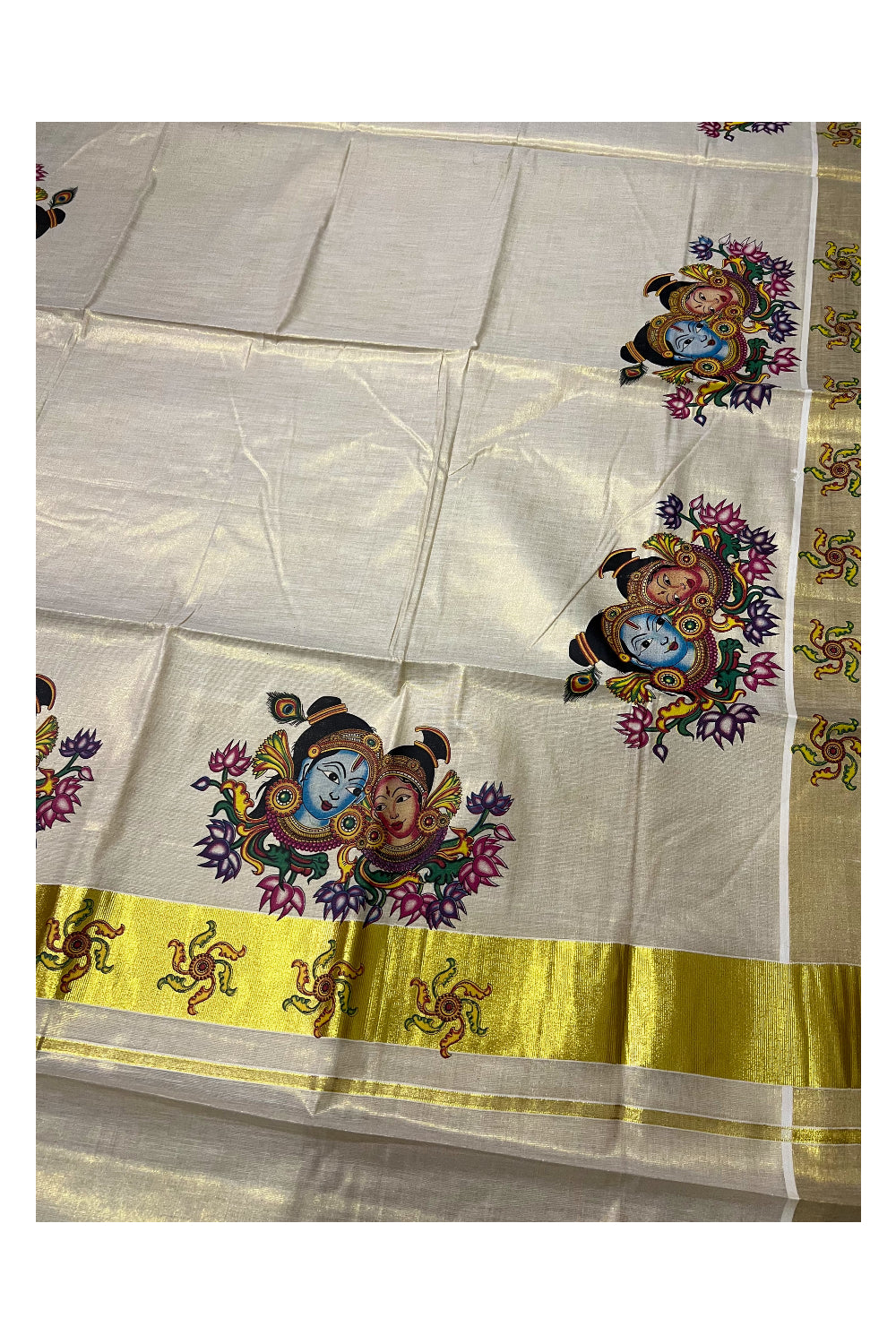 Kerala Tissue Kasavu Saree With Mural Printed Krishna Radha Design and Floral Works on Border