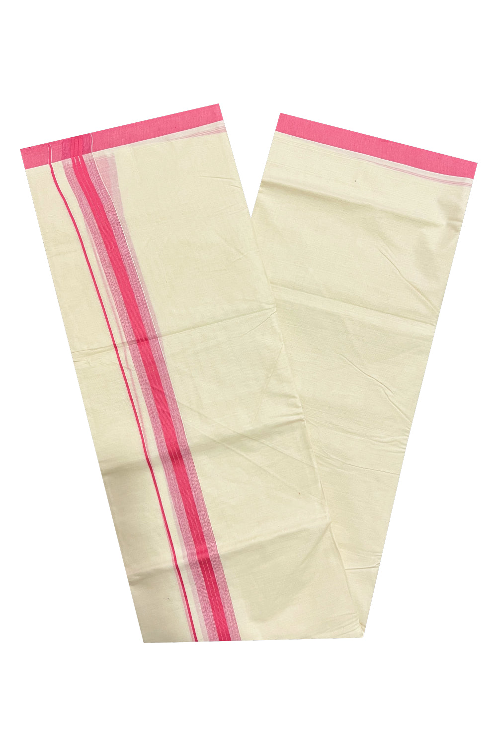 Pure Cotton Off White Double Mundu with Pink Border (South Indian Dhoti)
