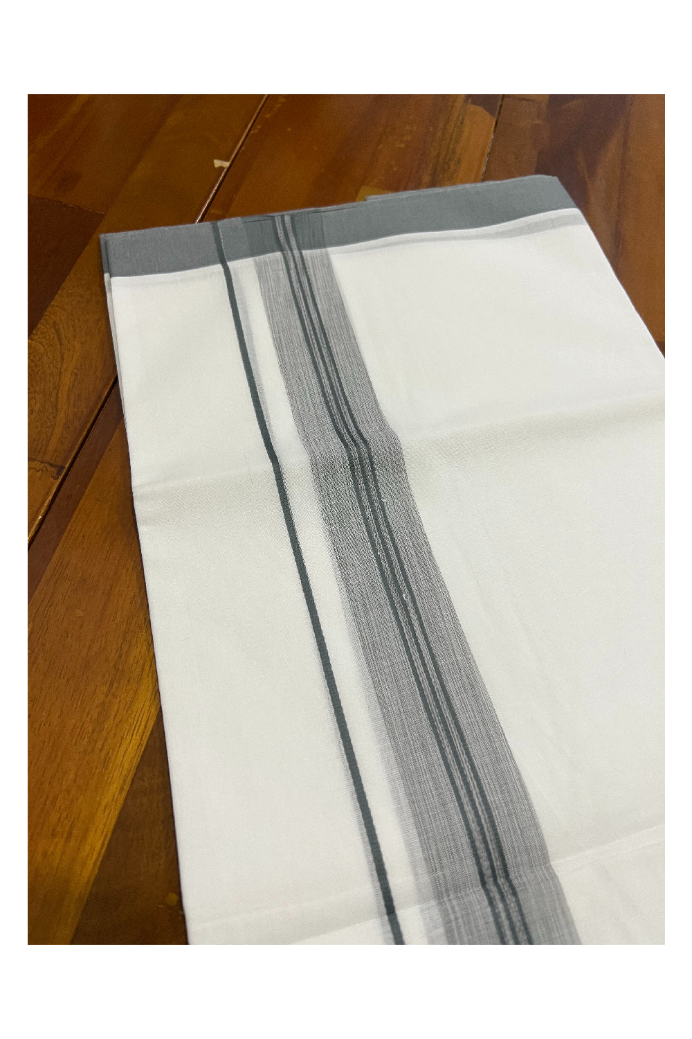 Pure White Kerala Cotton Double Mundu with Grey Border (South Indian Dhoti)