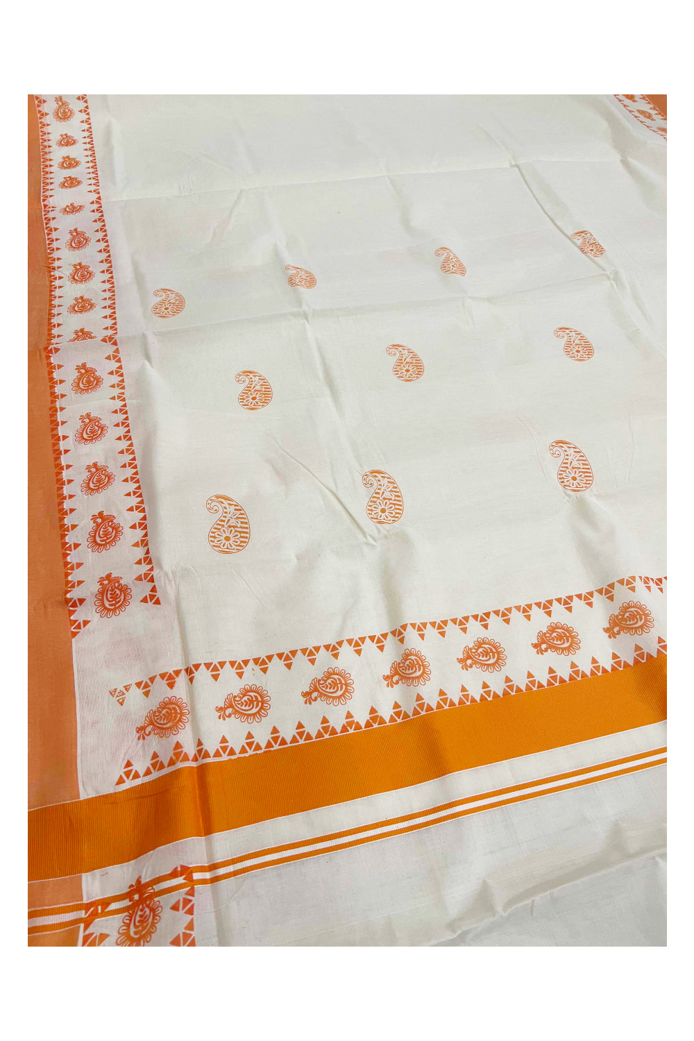 Pure Cotton Kerala Saree with Orange Paisley Block Printed Border