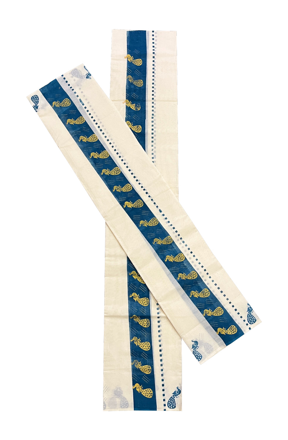 Kerala Cotton Set Mundu (Mundum Neriyathum) with Golden Peacock Block Prints on Blue Border 2.80 Mtrs