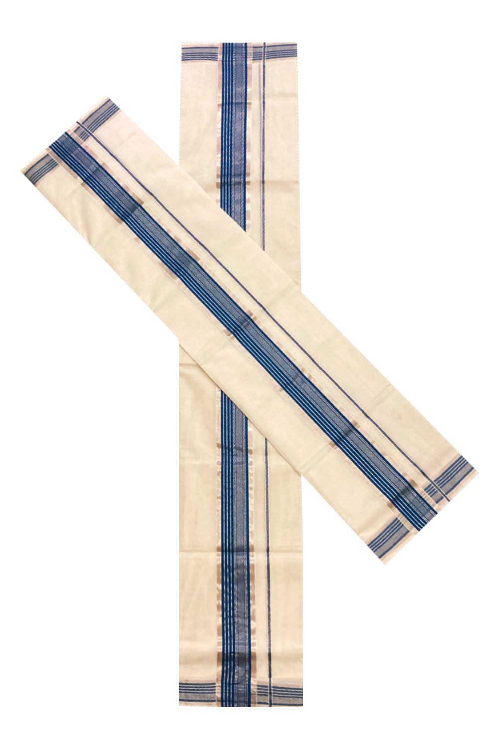 Southloom Premium Handloom Single Set Mundu with Silver Kasavu and Blue Border