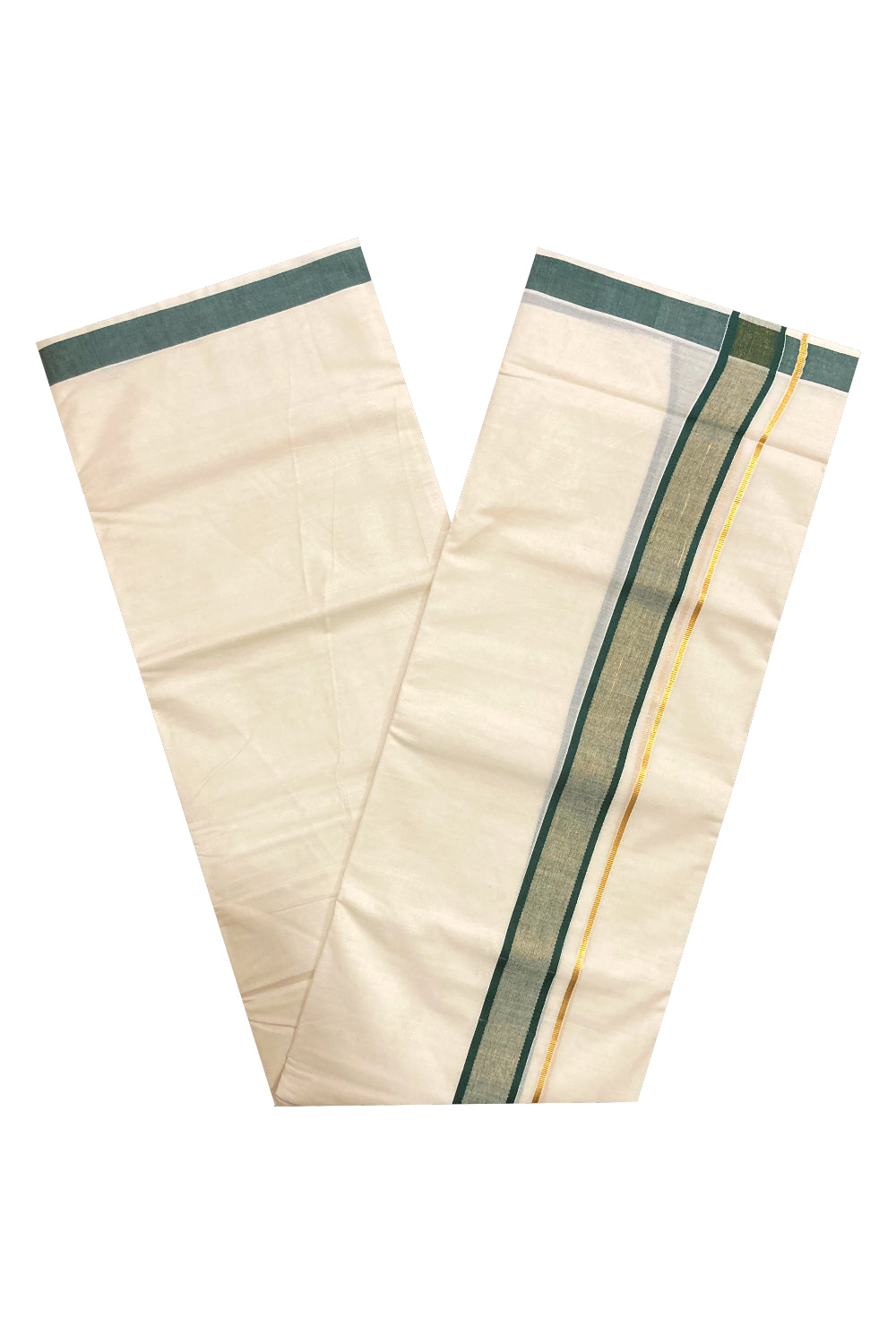 Off White Pure Cotton Double Mundu with Kasavu and Green Border (South Indian Dhoti)