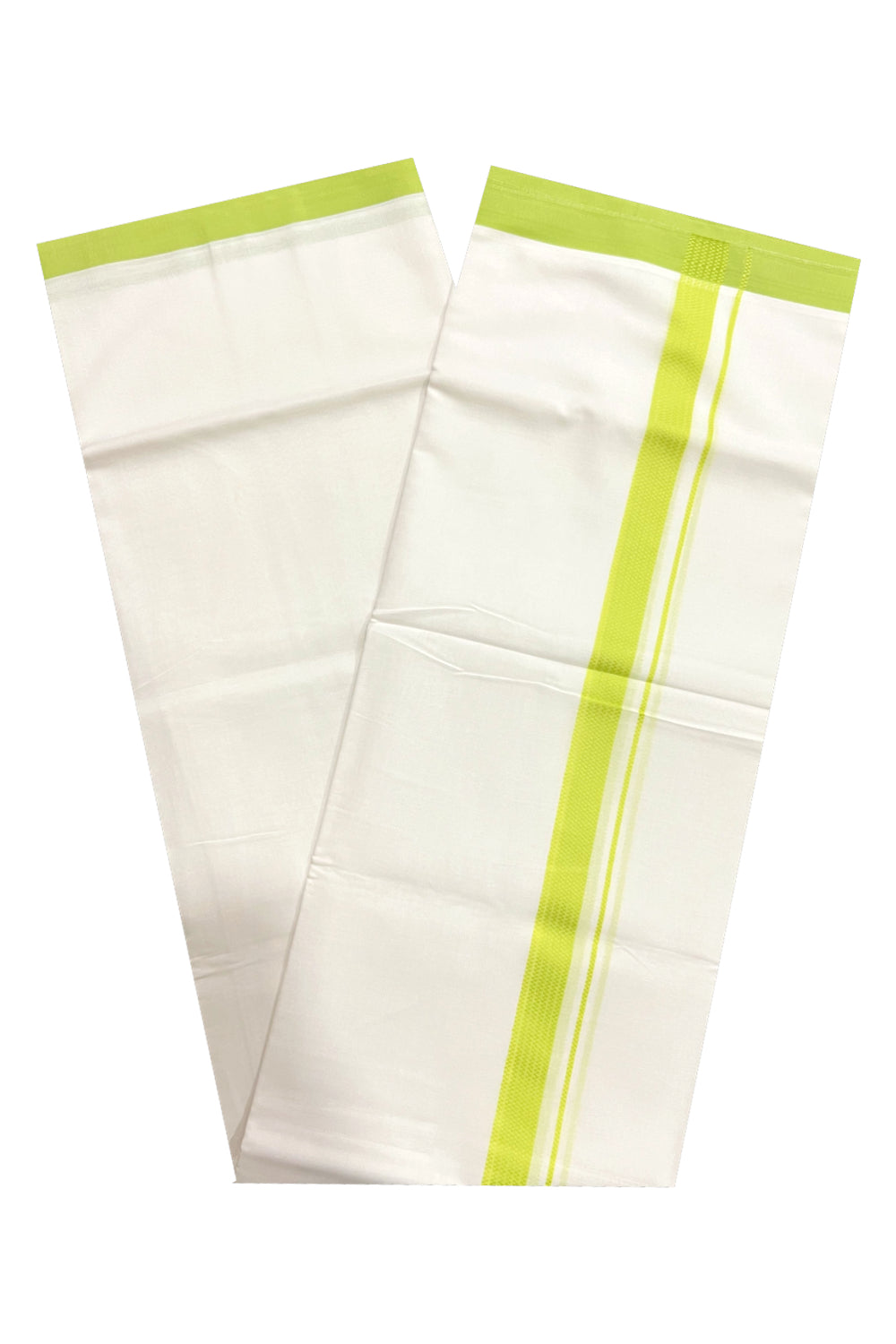 Pure White Cotton Double Mundu with Lines on Light Green Border (South Indian Dhoti)