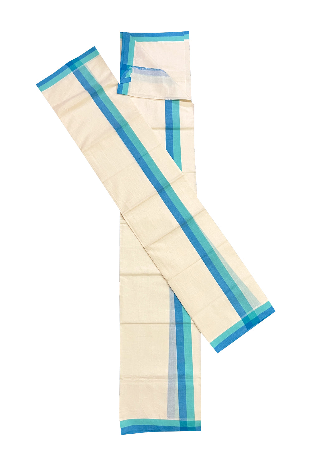 Kerala Cotton Mulloth Mundum Neriyathum Single (Set Mundu) with Blue and Turquoise Border (Extra Soft Cotton) 2.80 Mtrs