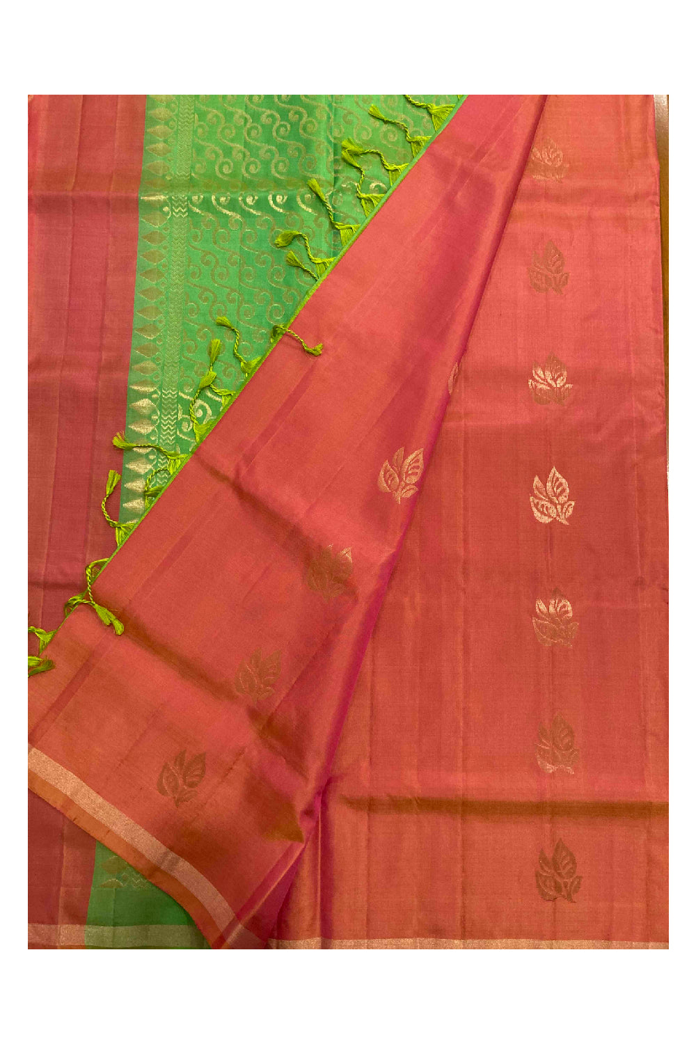 Southloom Handloom Pure Silk Kanchipuram Saree in Red and Green Floral Motifs