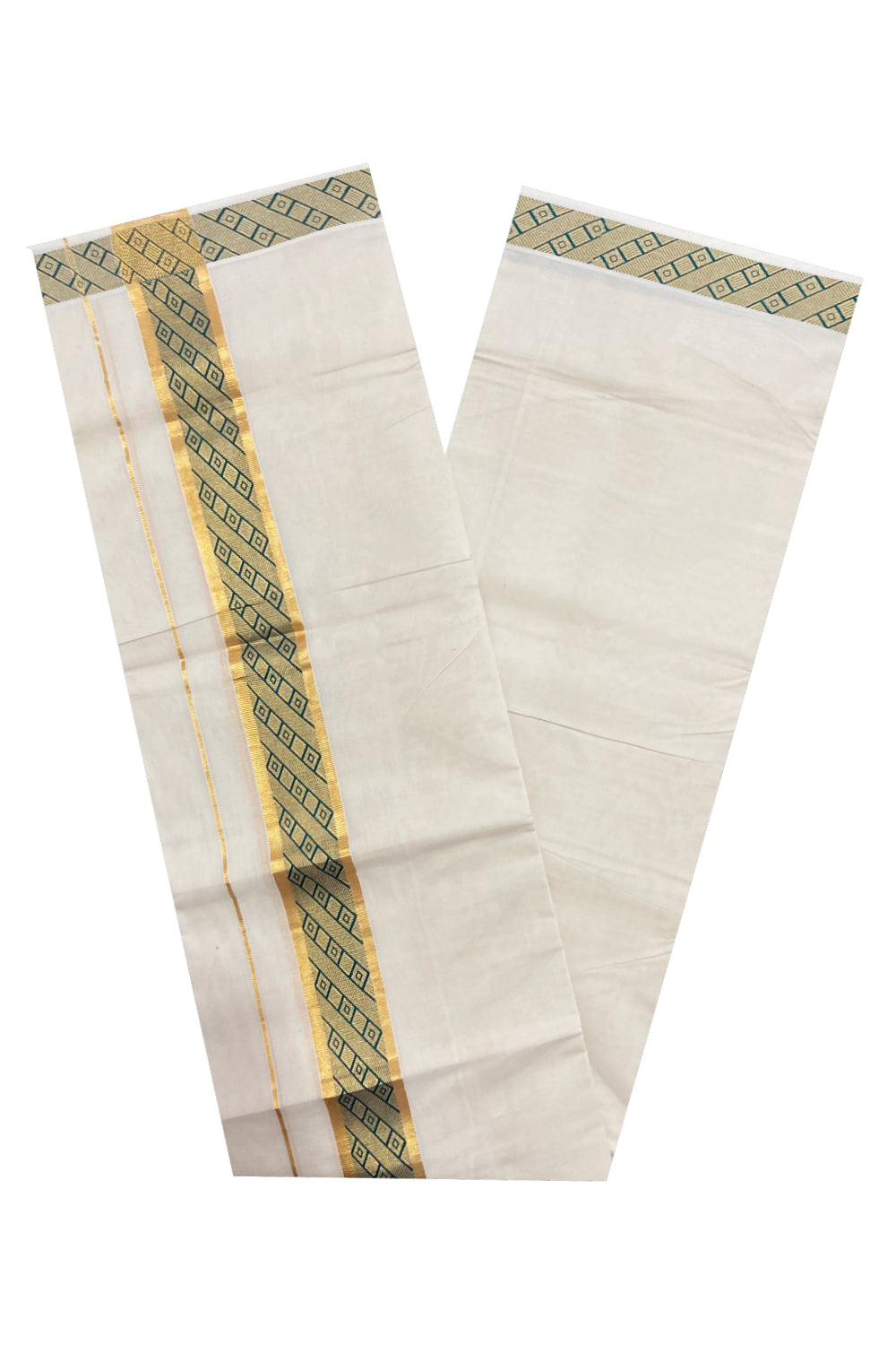 Off White Kerala Double Mundu with Kasavu and Green Woven Border (South Indian Dhoti)