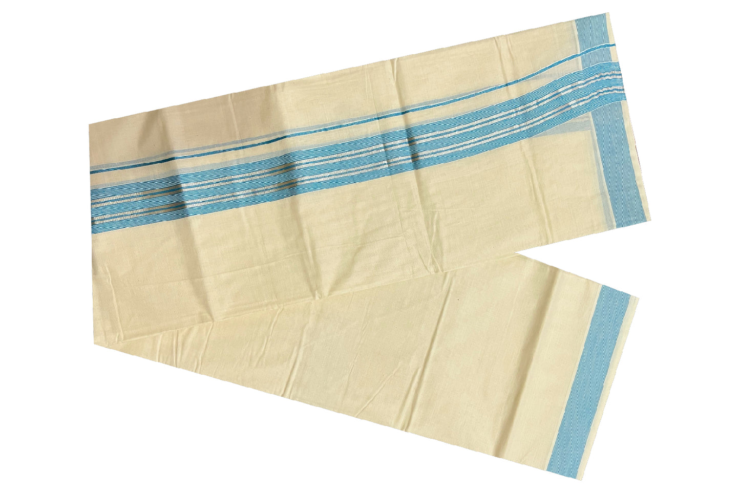 Off White Kerala Double Mundu with Silver Kasavu and Light Blue Line Border (South Indian Dhoti)