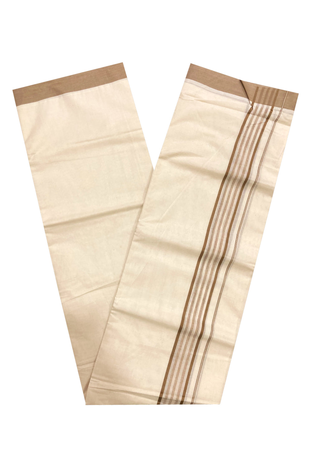 Off White Kerala Double Mundu with Brown Lines Border (South Indian Dhoti)