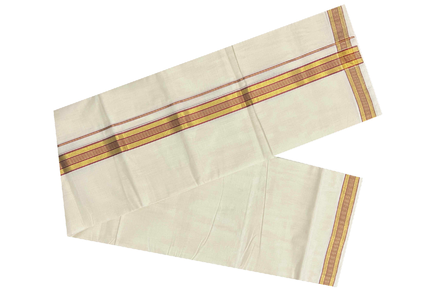 Southloom Kuthampully Handloom Pure Cotton Mundu with Golden and Red Kasavu Lines Border (South Indian Dhoti)