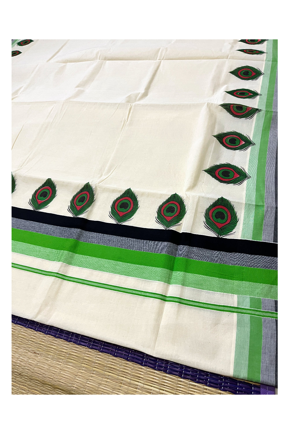 Kerala Cotton Saree with Green Peacock Feather Mural Printed and Black Green Border