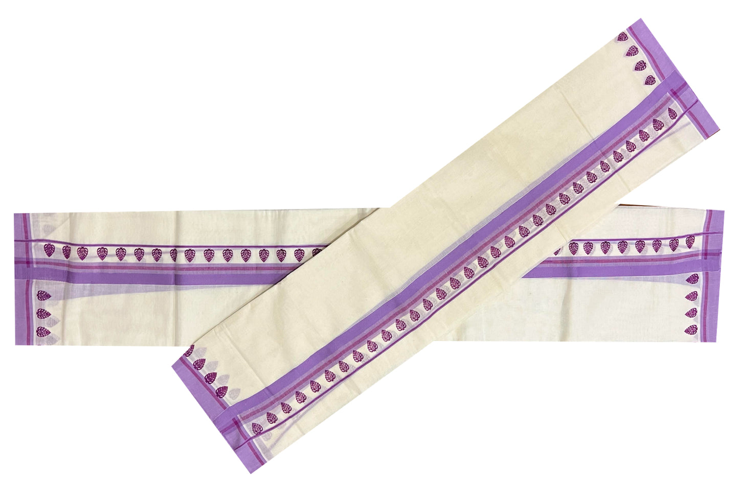 Kerala Cotton Single Mundum Neriyathum (Set Mundu) with Block Prints on Violet Border