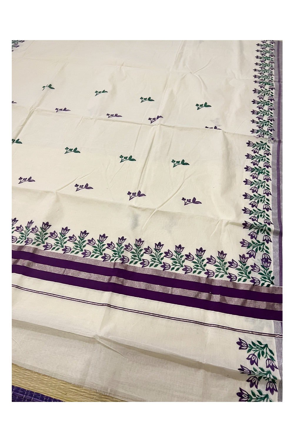 Pure Cotton Kerala Silver Kasavu Saree with Purple and Green Floral Block Printed Design