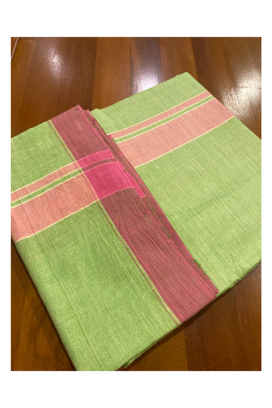 Southloom Premium Handloom Light Green Solid Single Mundu (Lungi) with Pink Border