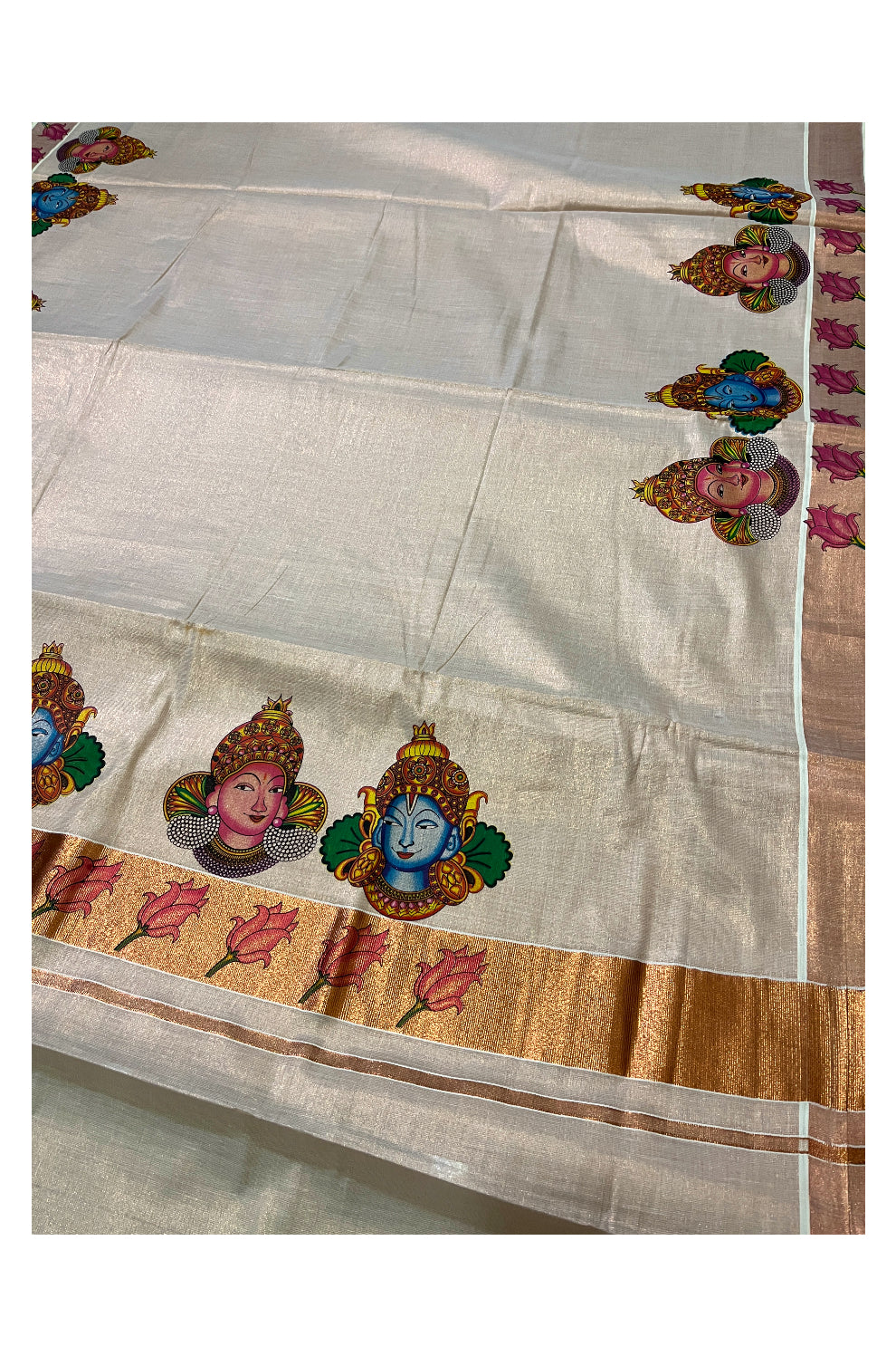 Kerala Copper Tissue Kasavu Saree With Mural Printed Krishna Radha Design