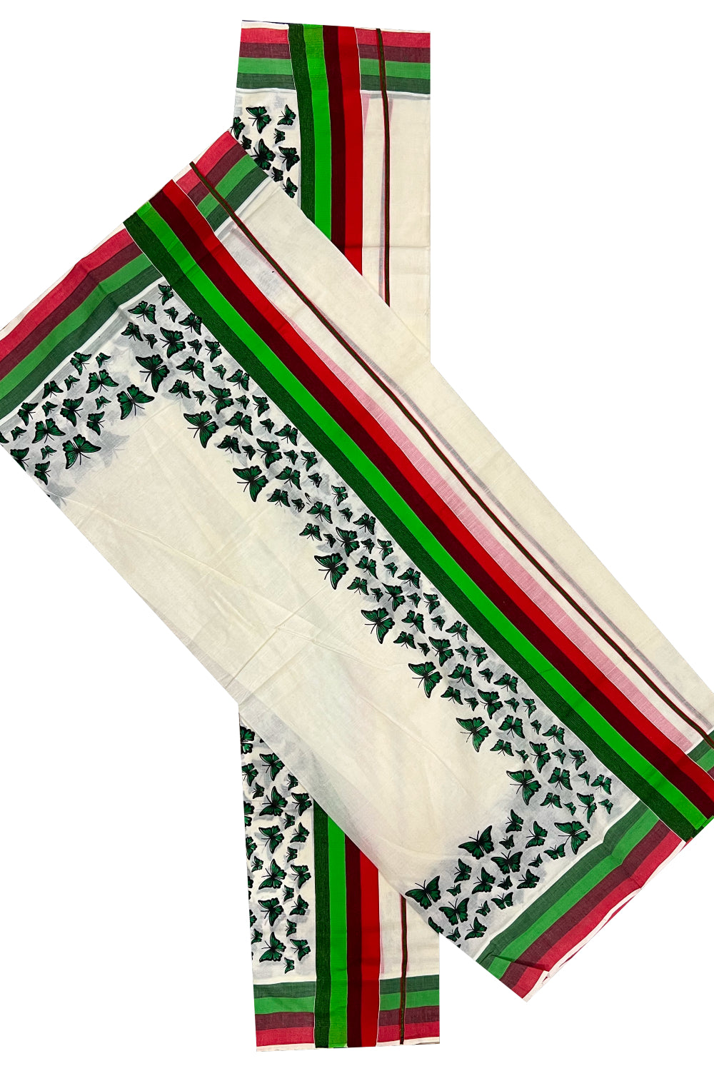 Kerala Cotton Set Mundu (Mundum Neriyathum) with Red Light Green Butterfly Block Prints on Border