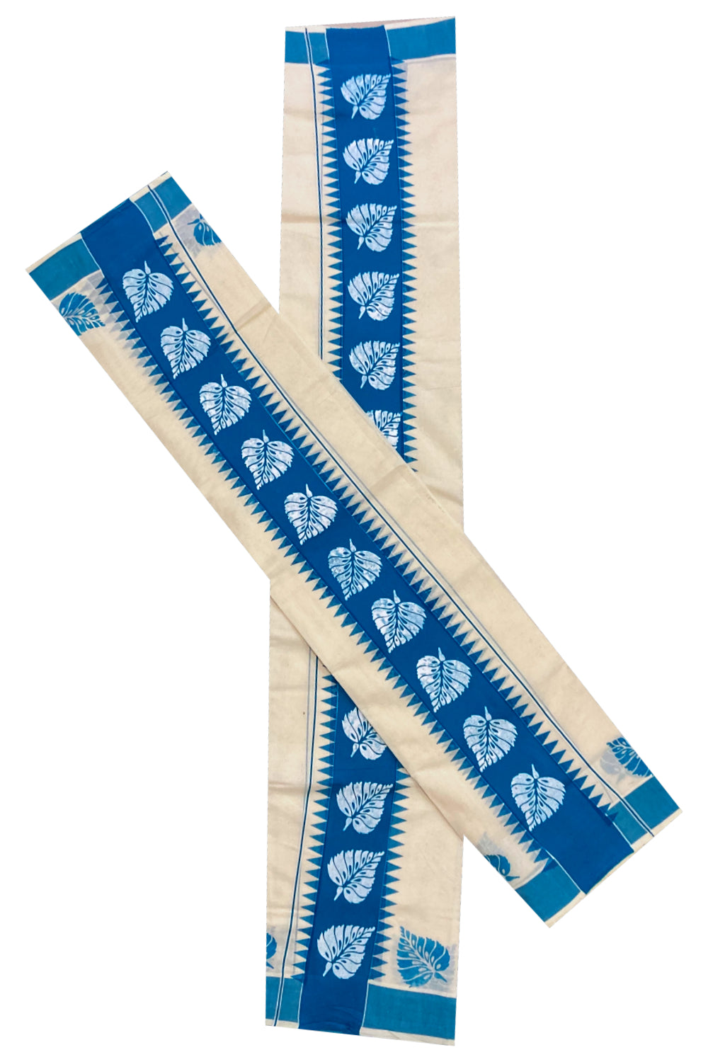 Kerala Cotton Set Mundu (Mundum Neriyathum) with White Leaf Block Prints on Blue Temple Border