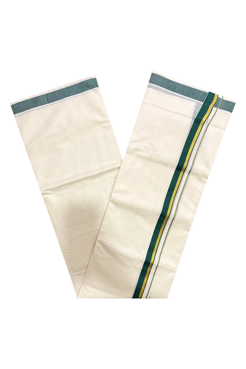 Pure Cotton Double Mundu with Kasavu Green Kara (South Indian Kerala Dhoti)