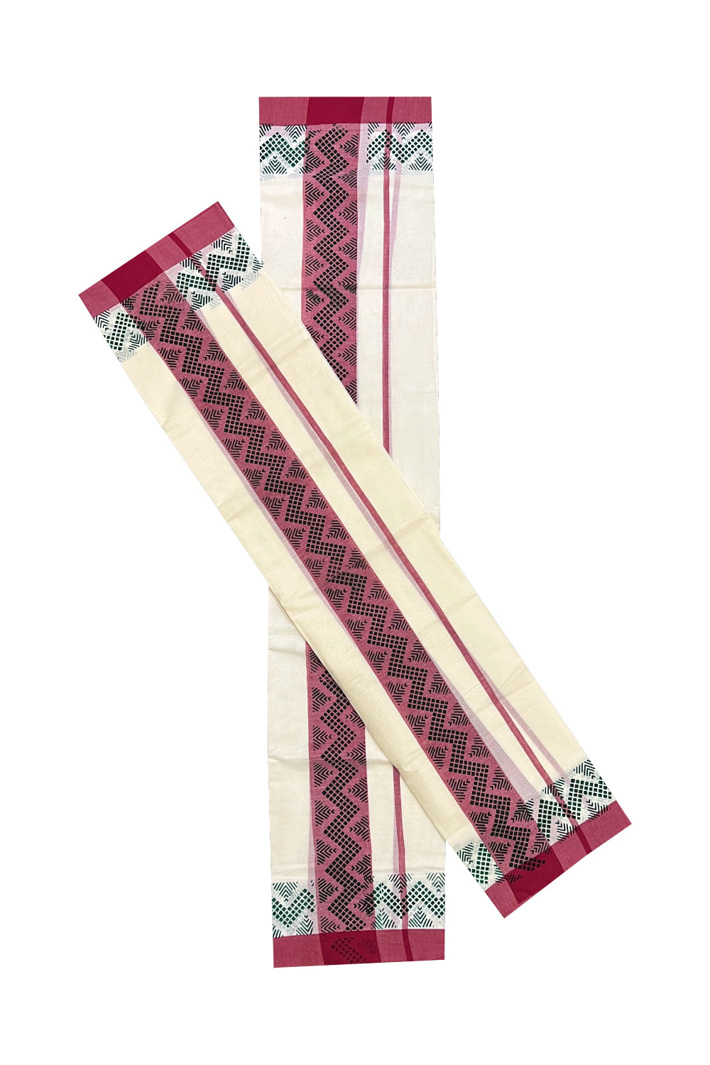 Kerala Cotton Set Mundu (Mundum Neriyathum) with Black Block Prints in Dark Red Border