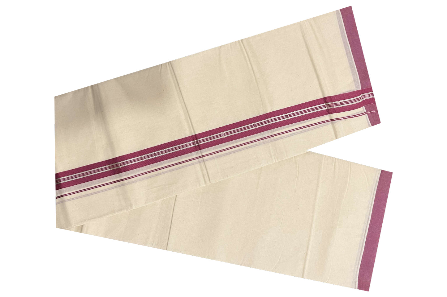 Off White Pure Cotton Double Mundu with SIlver Kasavu and Dark Red Kara (South Indian Dhoti)