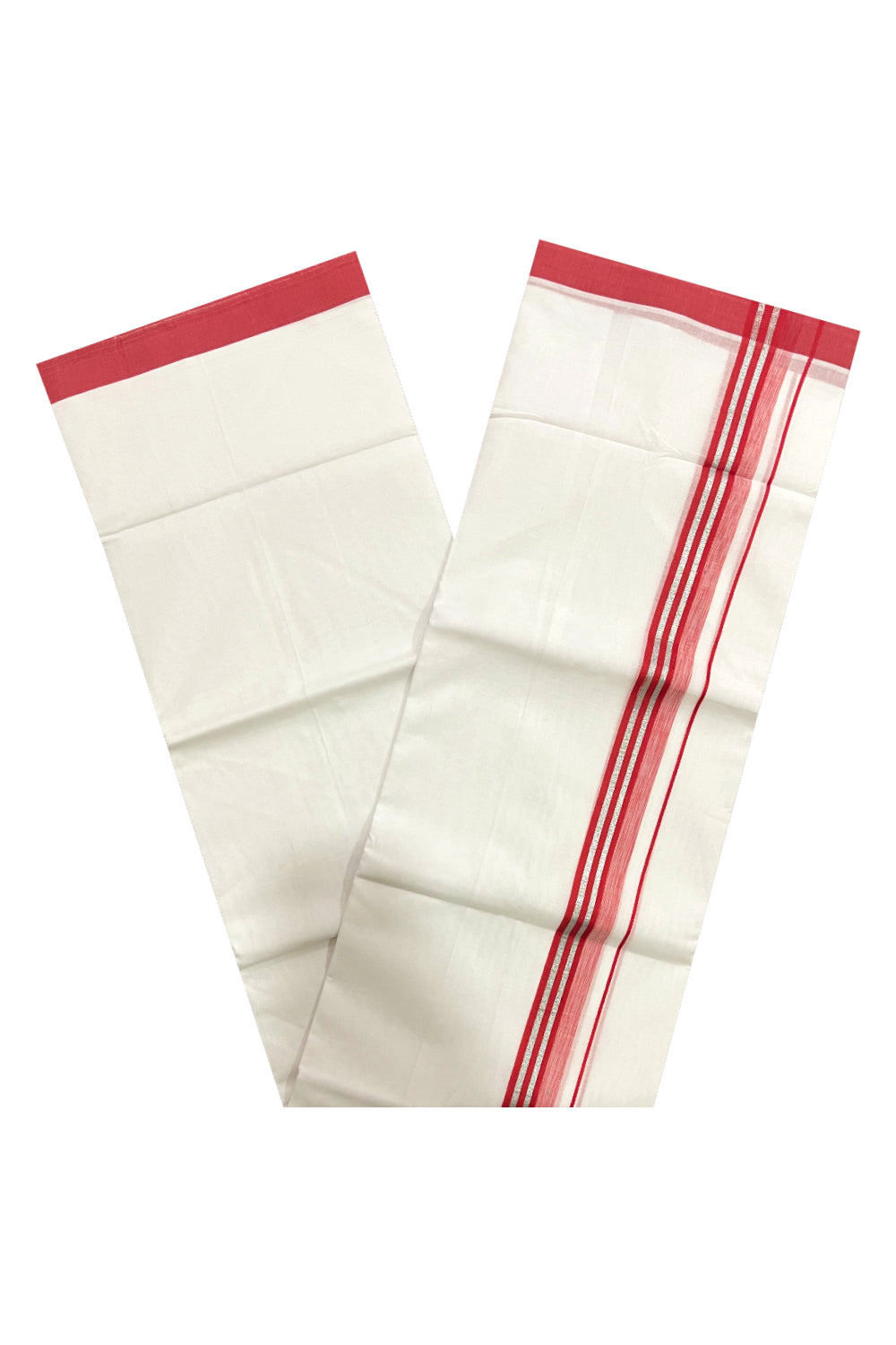 Pure White Cotton Double Mundu with Silver Kasavu and Red Border (South Indian Kerala Dhoti)