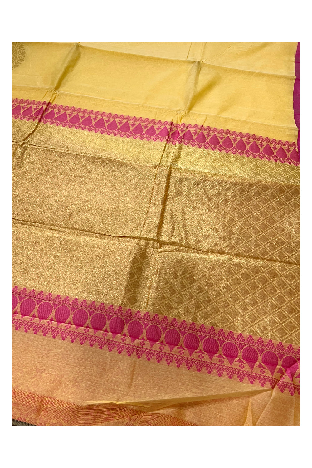 Southloom Yellow Cotton Silk Saree with Kasavu Woven Works and Pink Border