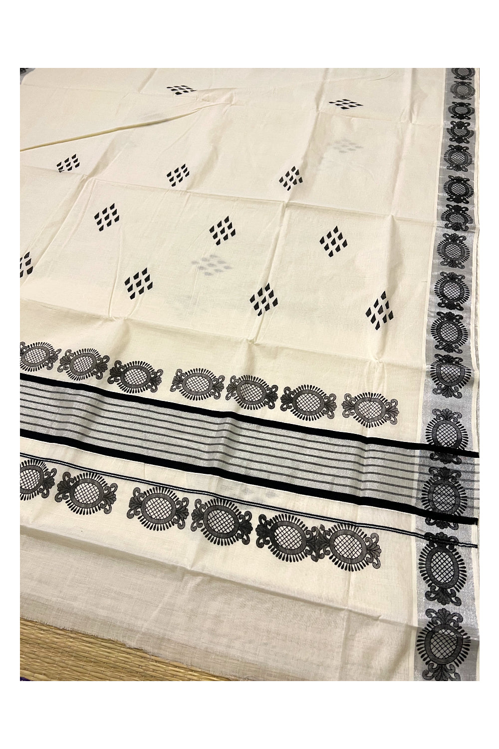 Pure Cotton Kerala Saree with Black Block Prints and Black SIlver Kasavu Border