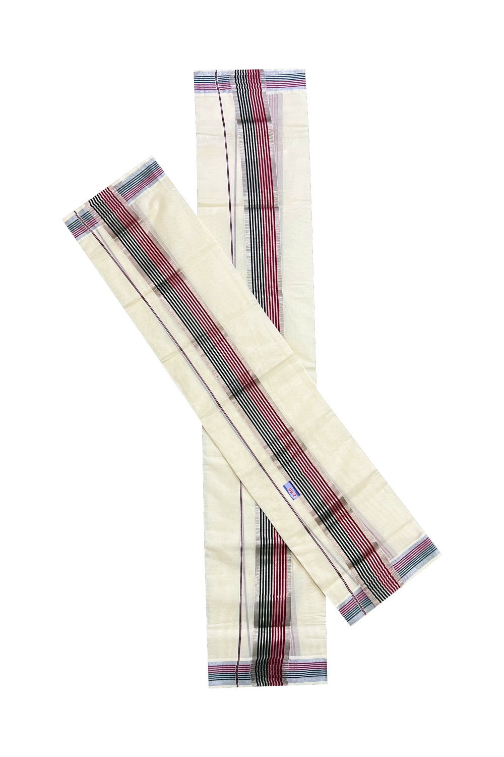 Kerala Cotton Kasavu Set Mundu (Mundum Neriyathum) with Maroon Green and Silver Kasavu Border 2.80 Mtrs