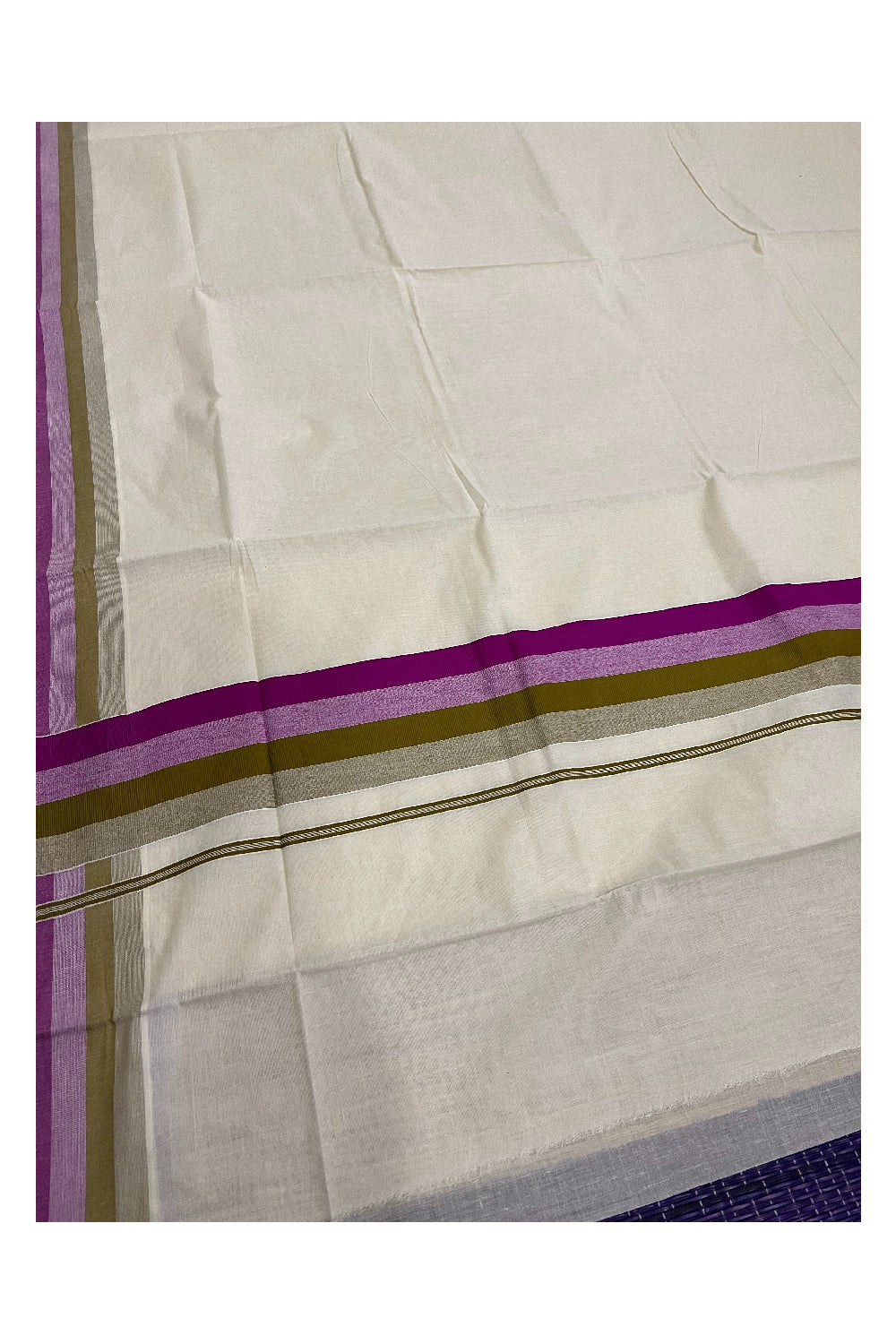 Kerala Cotton Saree with Magenta and Pale Green Lines Border Design