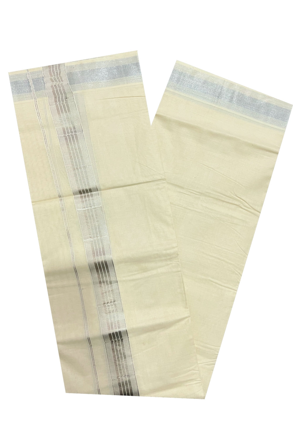 Pure Cotton Off White Double Mundu with Silver Kasavu Lines Border (South Indian Dhoti)